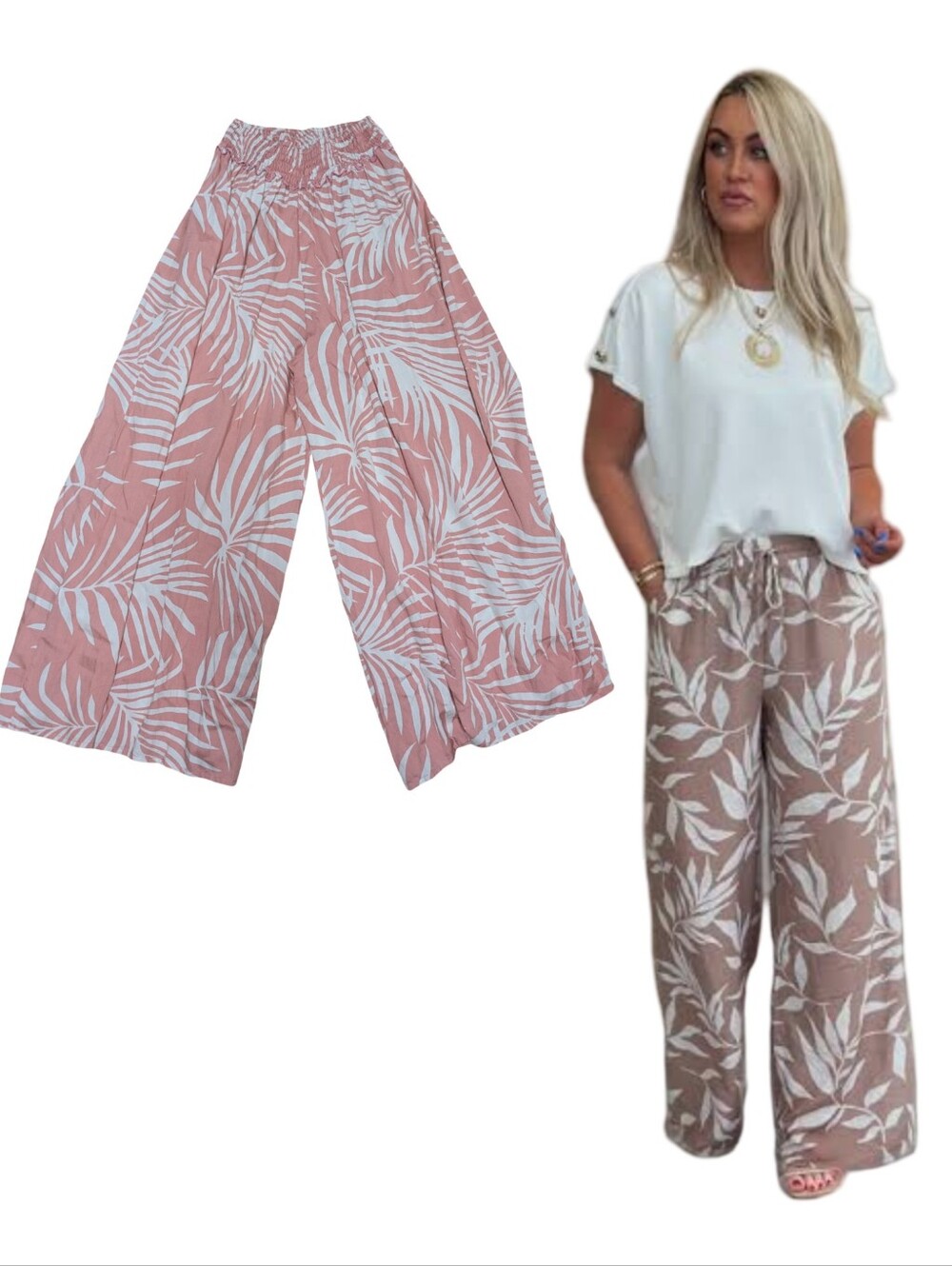 Wide Leg Leaf Print Palazzo Pants - Pink - Elastic Waistband Size Small"